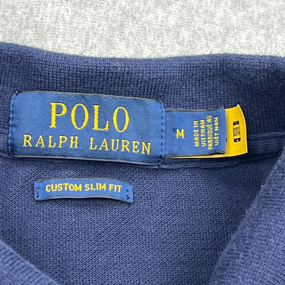 Polo Ralph Lauren Pique Shirt Mens Medium Blue Custom Slim Fit Knit Tipped Trim